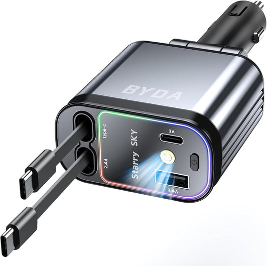 Fast Car Charger 4 in 1 Retractable Car Charger 69W with Starry Light,USB-C Fast Car Accessories,Compatible with All iPhones All Android Phones (Grey, Dual Cord USB-C)