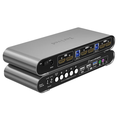 2 Computers 2 HDMI Monitors Matrix Automatic KVM Switch 4K@60Hz, Hotkey Switching, EDID, Digital Display and Aluminum Shell, USB 3.0 Hub Audio Microphone with Cables