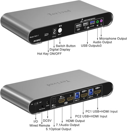 2 Computers 1 HDMI Monitor Automatic KVM Switch 8K@60Hz, Hotkey Switching, EDID, Support 5.1/7.1 Audio and Microphone, Aluminum Shell with Digital Display, USB 3.0 Hub, HDR10 with Cables