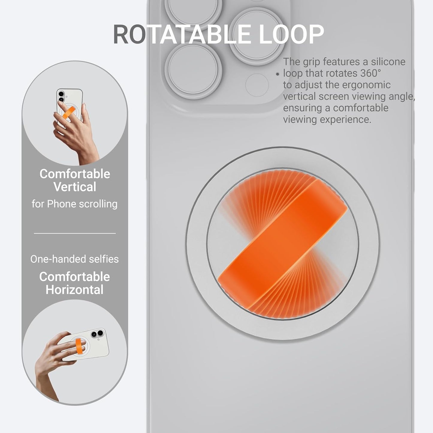 Grat 3 Lite Magnetic Phone Loop, [Nylon-core Silicone Strap] 360° Rotatable Phone Grip, Detachable Finger Holder Compatible with Magsafe for iPhone 16 15 14 13 12 Pro/max, Silver