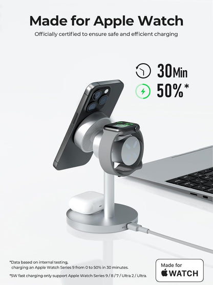 MagFusion 3-in-1 Charging Station Compatible with MagSafe, Qi2 Certified 15W Wireless Charger Stand, Magnetic Charger for iPhone 16/15/14/13/12, Apple Watch, AirPods, Silver