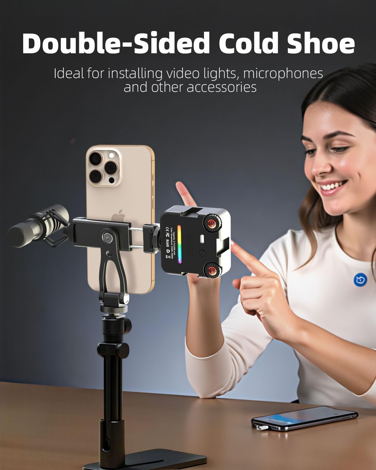 All Metal Phone Tripod Mount, 360° Rotation Tripod Phone Mount with 2 Cold Shoes, Adjustable Cell Phone Mount Adapter with 1/4" Thread, Compatible with iPhone Android Phones, Digital Camera