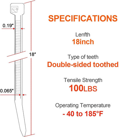 18 Inch Zip Ties Double Sided Toothed,100 LBS Tensile Strength Heavy Duty Cable Wire Ties With Self-Locking Adjustable More Durable Nylon Tie Wraps for Indoor Outdoor（200 Pack）