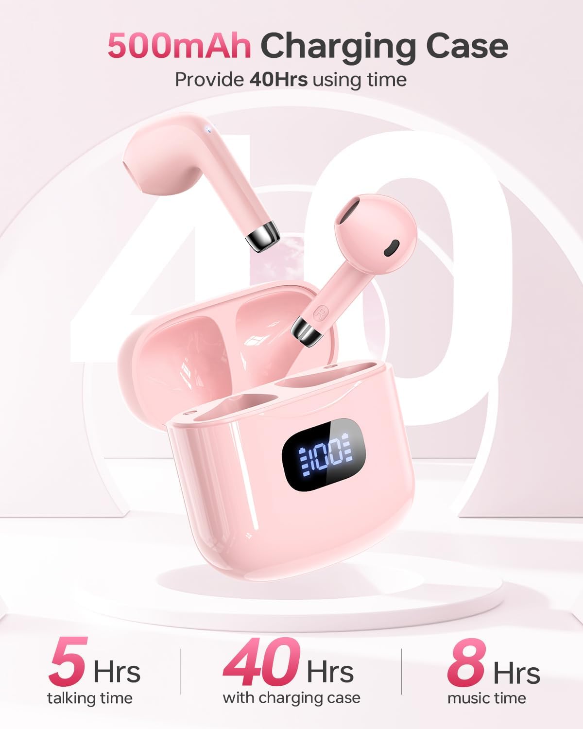 Wireless Earbuds Bluetooth 5.3 Headphones, 40Hrs Playback Stereo Ear Buds with LED Display Charging Case IPX7 Waterproof in-Ear Earphones with Mic for Phone Tablet Laptop Sports, Pink