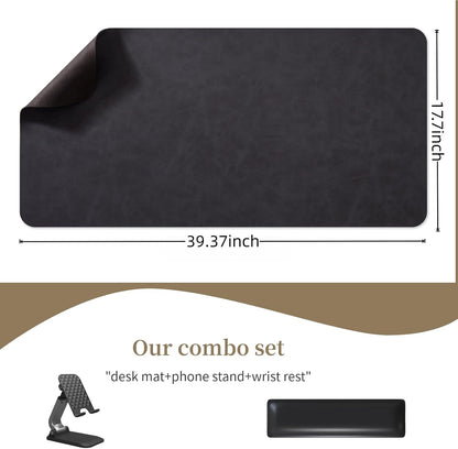 Leather desk pad for computer and laptops, Ideal for gaming and office use, Large mouse pad and keyboard mat, desk mat special for man. A complimentary wrist pad and phone stand. (Black, 17.7"x 39.37)