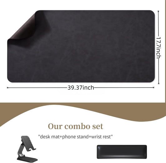 Leather desk pad for computer and laptops, Ideal for gaming and office use, Large mouse pad and keyboard mat, desk mat special for man. A complimentary wrist pad and phone stand. (Black, 17.7"x 39.37)