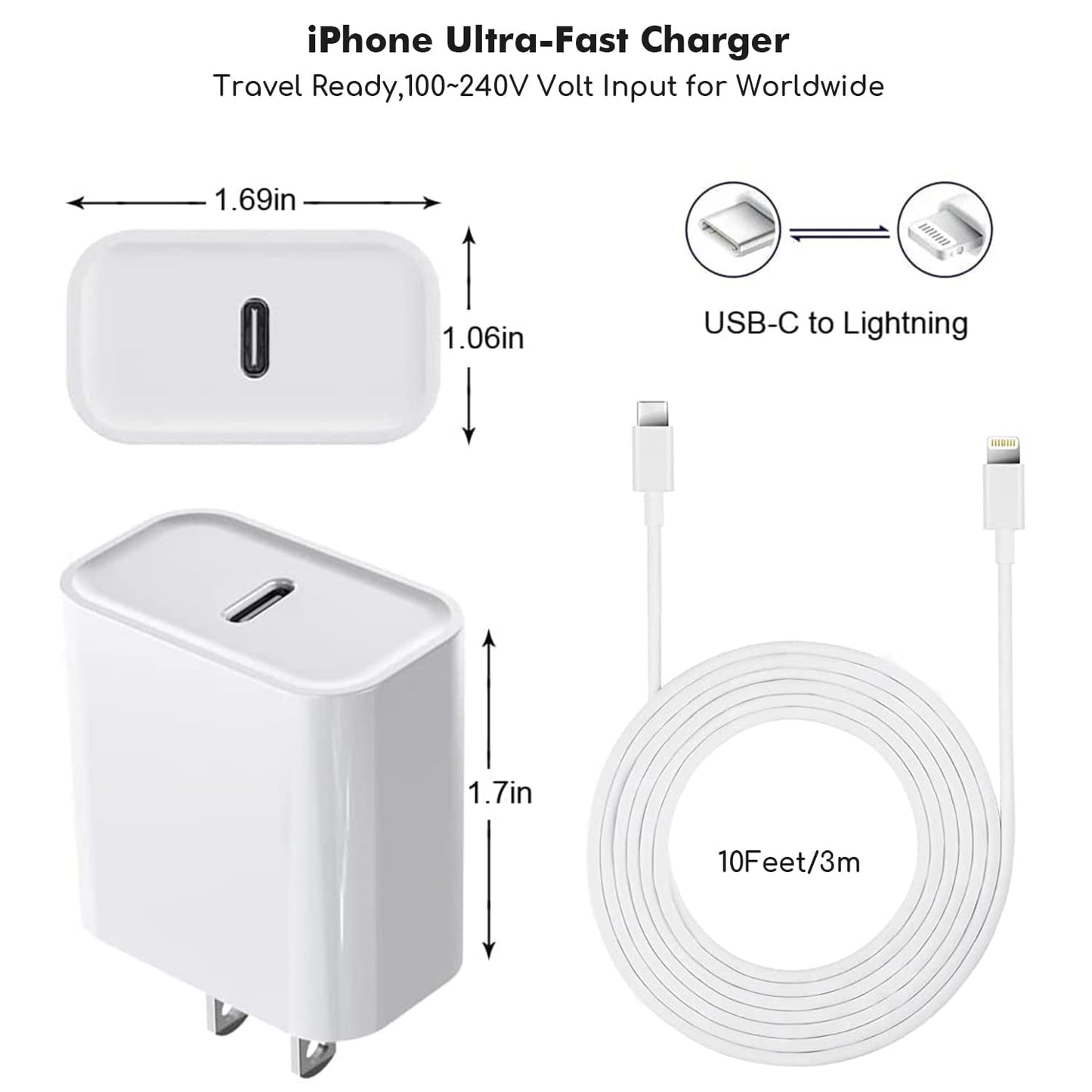 Fast iPhone Charger, Quick 10Foot USBC Wall Charger Phone Charge 2Pack 20W PD USB C Fast Charger Block + 10FT Lightning Fast Charging Cable for iPhone 14/Pro/Pro Max/Plus/13/12/11/XS/XR/X/SE2022/iPad