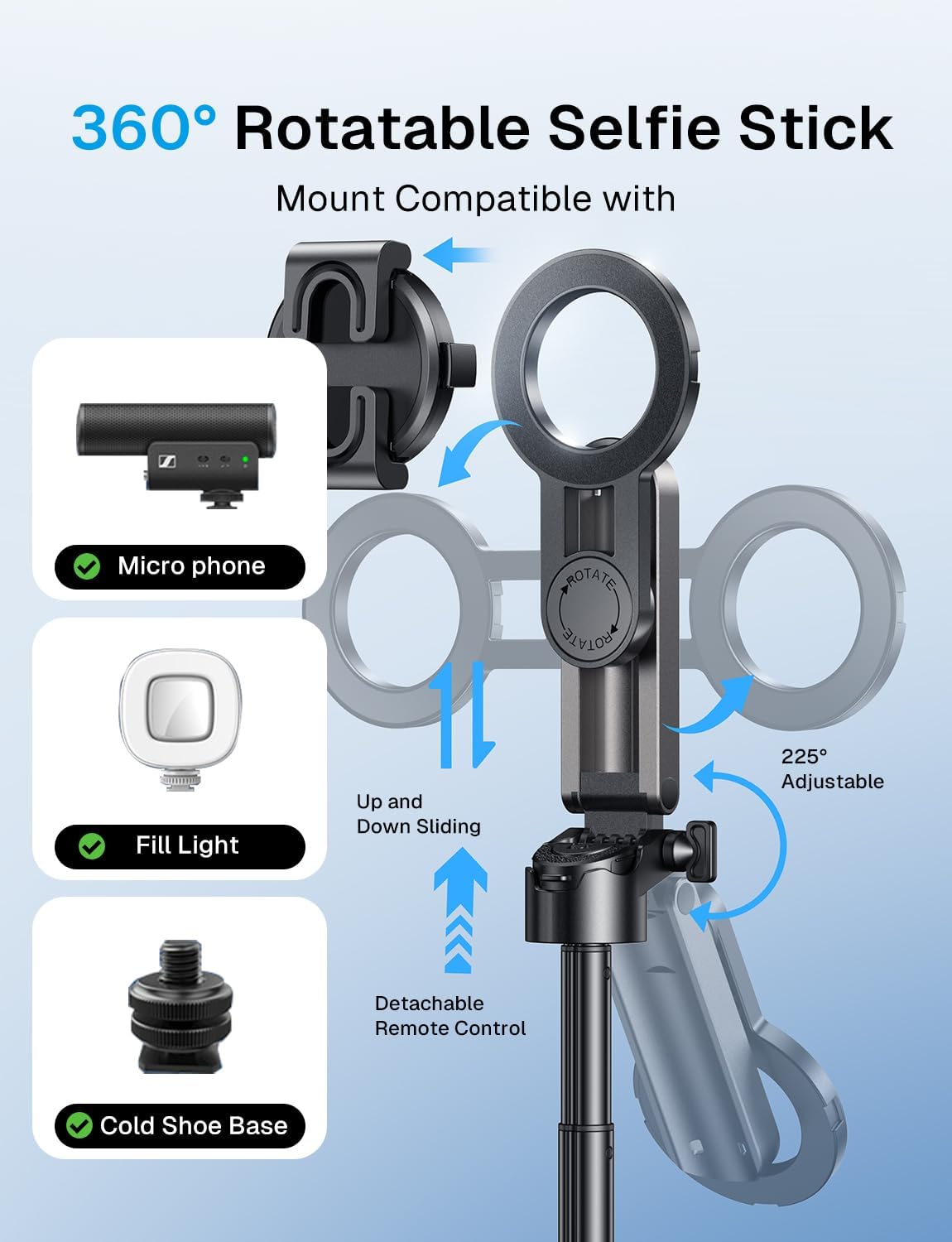 MAGIC JOHN Phone Tripod with 2 Selfie Light, Portable Pocket Size Selfie Stick for iPhone Magsafe, Selfie Stick with Wireless Detachable Remote Control for Photograph, Live Streaming, Video Recording