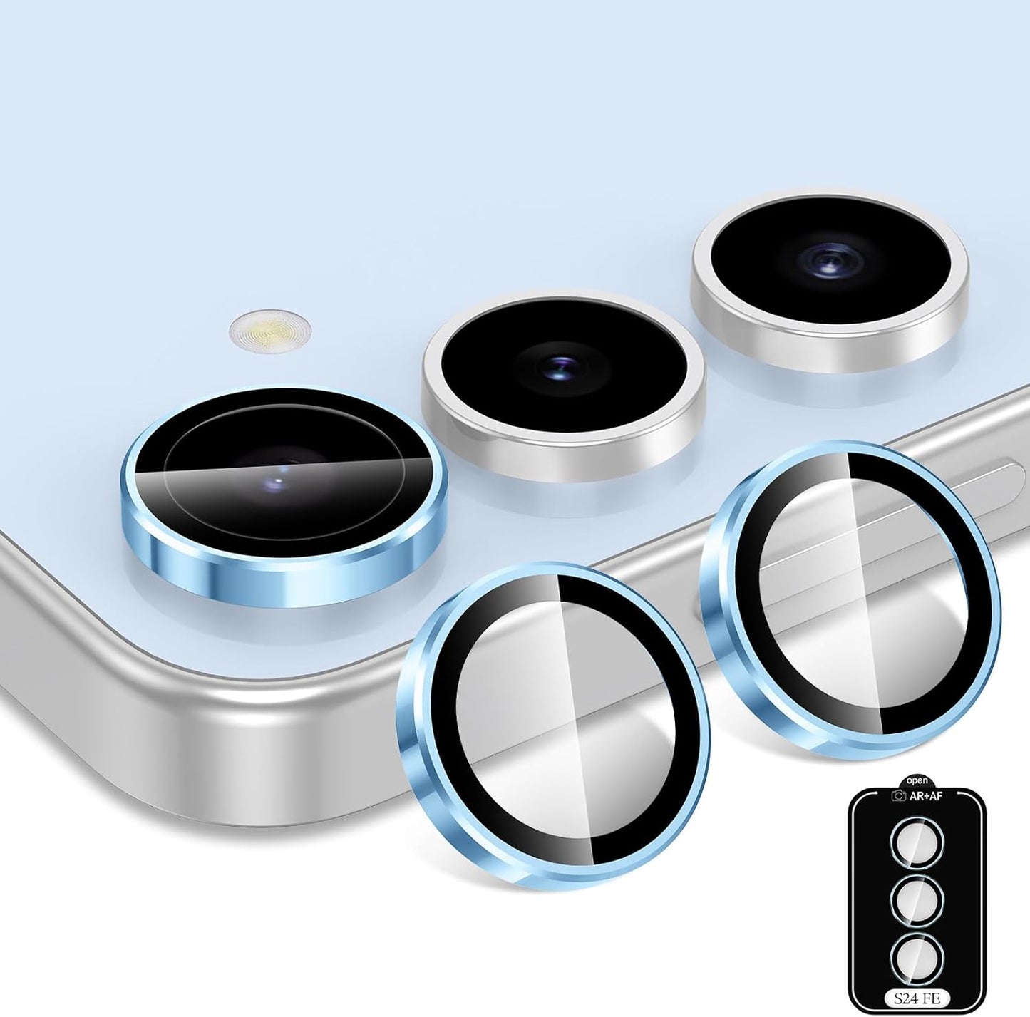 for Samsung Galaxy S24 FE Camera Lens Protector, Individual Metal Ring Tempered Glass Lens Cover, [Strong Adsorption] Scratch Resistant Ultra-Thin HD Clear Lens Cover, 1 Set-Blue Ring