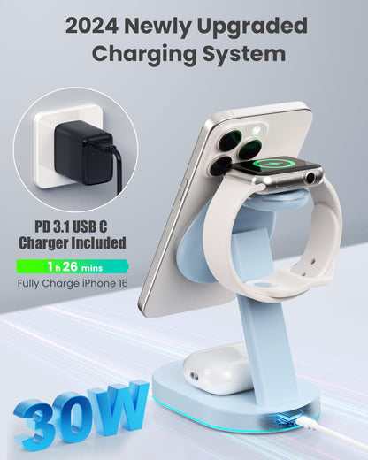 3 in 1 Wireless Charger Charging Station for iPhone,Qi2 Certified 15W Magnetic Charging Stand for Mag-Safe with 30W USB C Adapter&Friendly Night Light for iPhone 16/15/14/13/12,Apple Watch,AirPods