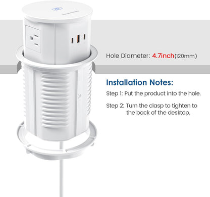 Pop up Outlet for Countertop with 15W Wireless Charger,65W USB C Charging Station,4 Outlets,2 USB C,USB A,Tamper Resistant Receptacle,4.7-inch Hole Power Grommet,Desk Recessed Outlet,White