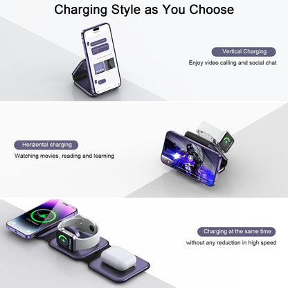 Wireless Charger 3 in 1,RTOPS Magnetic Travel Wireless Charging Station Multple Devices,GaN 3 in 1 Charging Station,Compatible for iPhone16/15/14/13/Pro/Max,iWatch,AirPods4/3/2/Pro(Adapter Includes)