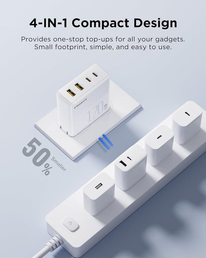 PISEN 120W USB C Charger - 120W 4-Port GaN USB C Charger Block Fast Charging with 6FT USB-C to C Cable, 120W Charger for MacBook Pro/Air, Pixelbook, iPad, iPhone Series, Samsung, Pixel 8, Steam Deck