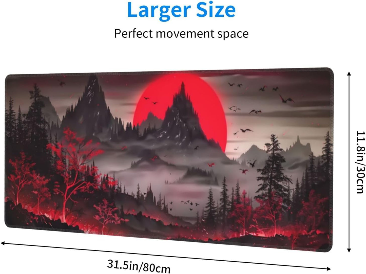 Extended Gaming Mouse Pad, Large Desk Mat XL Anime Mouse Pad Waterproof with Stitched Edges, Non-Slip Desktop Pad for Home and Office, Level Up Your 31.5x11.8 Inch (Darkness Red Moon2)