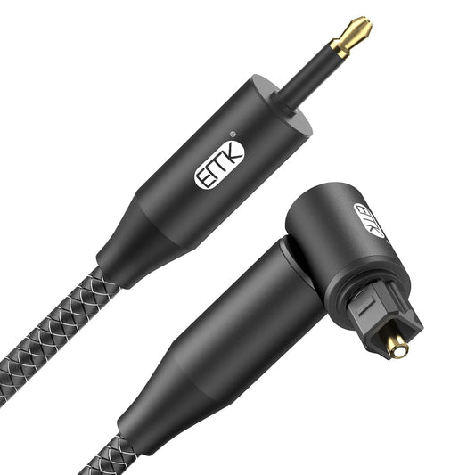 EMK Premium 90° Toslink to Mini Toslink Cable (3Ft/1M) - Right Angle Optical to 3.5mm Digital Optic Audio Cable for Soundbars, Home Theater - SPDIF Compatible, Black