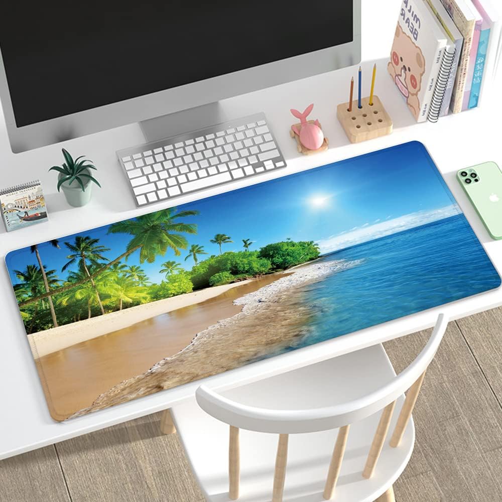RTGGSEL 31.5x11.8 Inch Non-Slip Long Extended Large Gaming Mouse Pad with Stitched Edges XL Laptops Keyboard Mouse Mat(Beach View)
