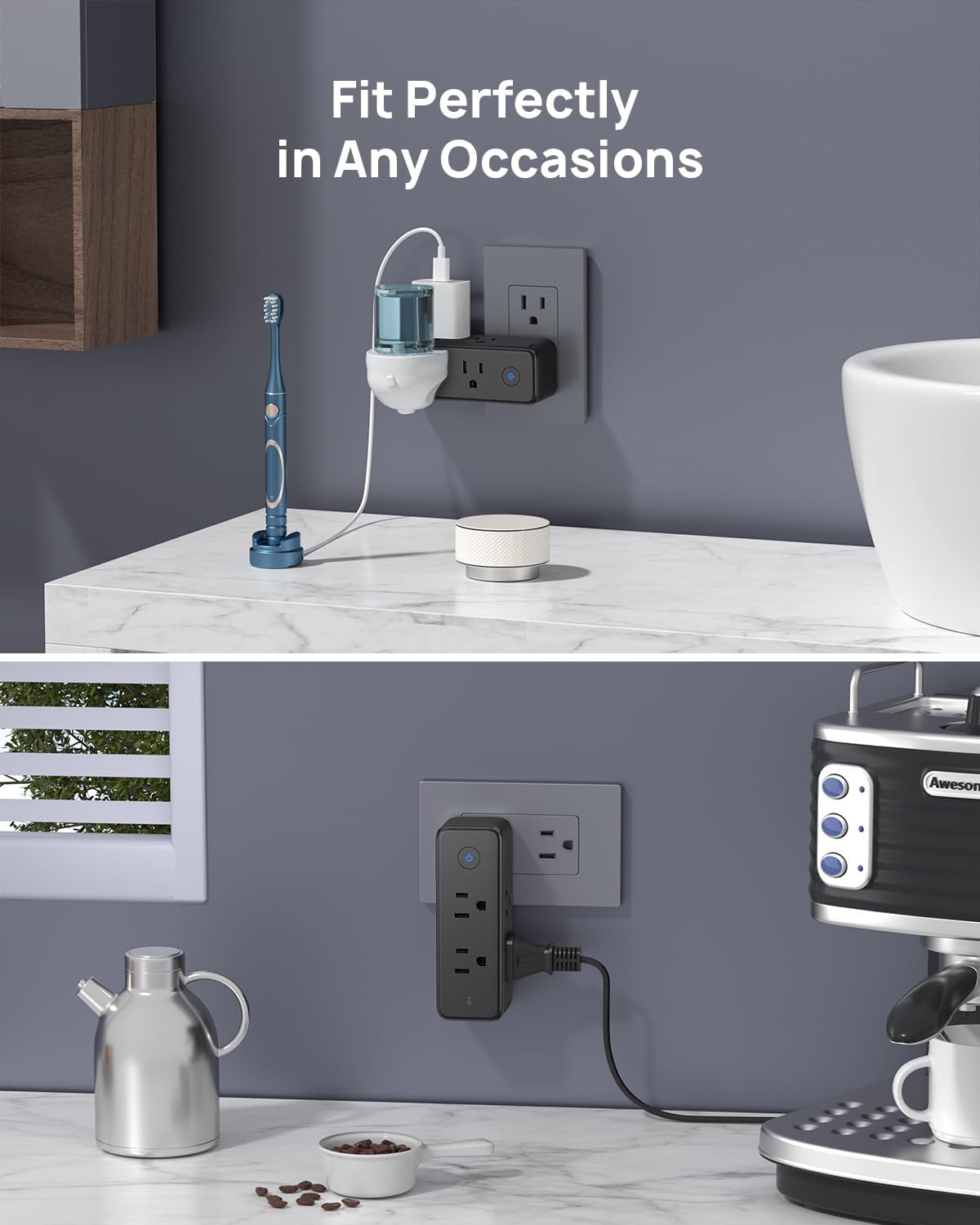 TROND Outlet Extender Surge Protector - 6 AC Outlet Splitter with 360° Rotating Plug, 1440J Multi Plug Expander, 3 Way Swivel Plug Extension Outlet, Wall Adapter for Bathroom Kitchen Travel, Black