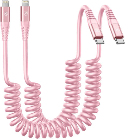KIYODA USB C to Lightning Cable 3FTfor Car, Coiled iPhone Charger Fast Charging Short USBC Lightning iPhone Cord for iPhone14/13/12/11 Pro Max/iPad/CarPlay- 2Pack Pink