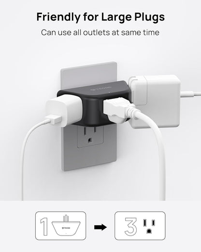 TROND Outlet Extender - 3 Prong Grounded Plug Extension Outlet, 3 Way Angled Wall Plug Splitter, Cruise Ship Essentials, Multiple Expander with 3 Electrical Sockets for Bathroom, Kitchen, Black