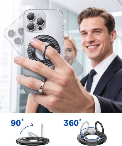 SYNCWIRE Carbon Fiber Magnetic Phone Ring Holder for MagSafe - Magnet Phone Grip Stand with 360° Rotation & Reinforced Hinge Compatible with iPhone 16 15 14 13 Pro Max Plus MagSafe Accessories