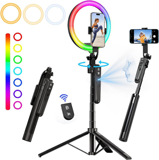 Auto Face Tracking 360 Rotation with 10" RGB Ring Light, Phone Tripod & Selfie Stick with Remote for Cell Phone 4"-7", Motion Sensor for Live Stream Vlog Video Recording
