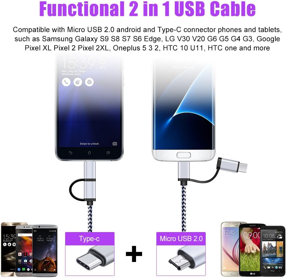 USB C Cable, SIXSIM 3Pack 6Ft 2 in 1 Cable Type C Charger Cable Nylon Braided USB A and Micro USB Cable for iPhone 16/16 Pro/16 Pro Max, Samsung Galaxy S24 S23 Ultra S22 S21 Plus, More Android Devices