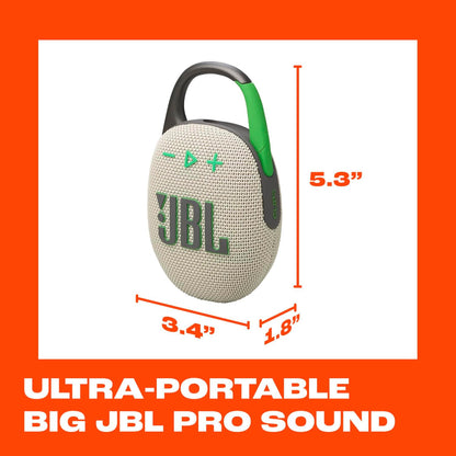 JBL Clip 5 - Ultra-Portable, Waterproof & Dustproof Bluetooth Speaker, Big Pro Sound with Punchy bass, Integrated Carabiner, Up to 12 Hours of Play, Made in Part with Recycled Materials (Sand)