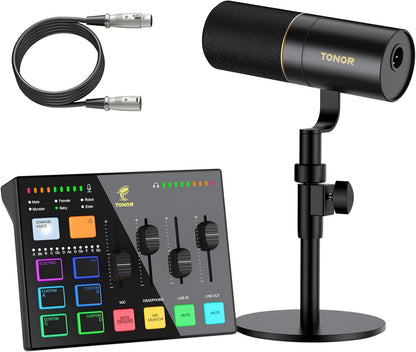 TONOR Audio Interface and Microphone Set, Podcast Equipment Bundle, USB Audio Mixer with RGB, XLR Dynamic Microphone with Studio Sound Quality, Complete Package for Content Creating, Gaming, Streaming