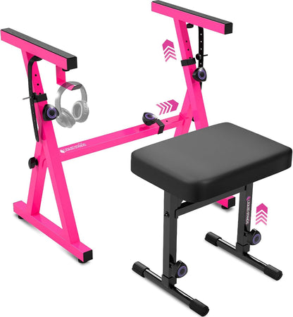 Liquid Stands Pink Portable Heavy Duty Digital Keyboard Stand and Bench Set - Adjustable Music Stand and Seat for 54-88 Key Electric Pianos