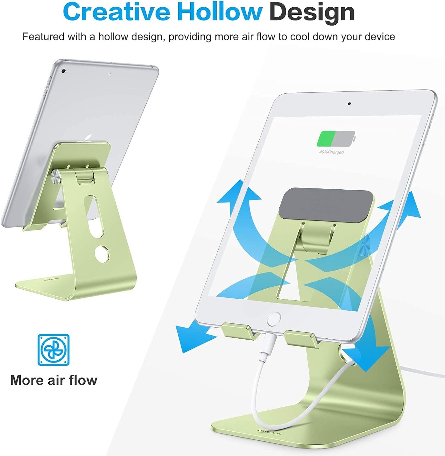 OMOTON Adjustable Tablet Stand for Desk, Upgraded Longer Arms for Greater Stability, T2 Tablet Holder with Hollow Design for Bigger Sized Phones and Tablets Such as iPad Pro/Air/Mini, Green