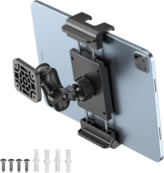 PLDHPRO Tablet Wall Mount Holder with Drill Base, Adjustable iPad Wall Mounted Stand Compatible with 5.1'' - 15.6'' Phones Tablets for Truck Dashboard Desk Kitchen Cabinet