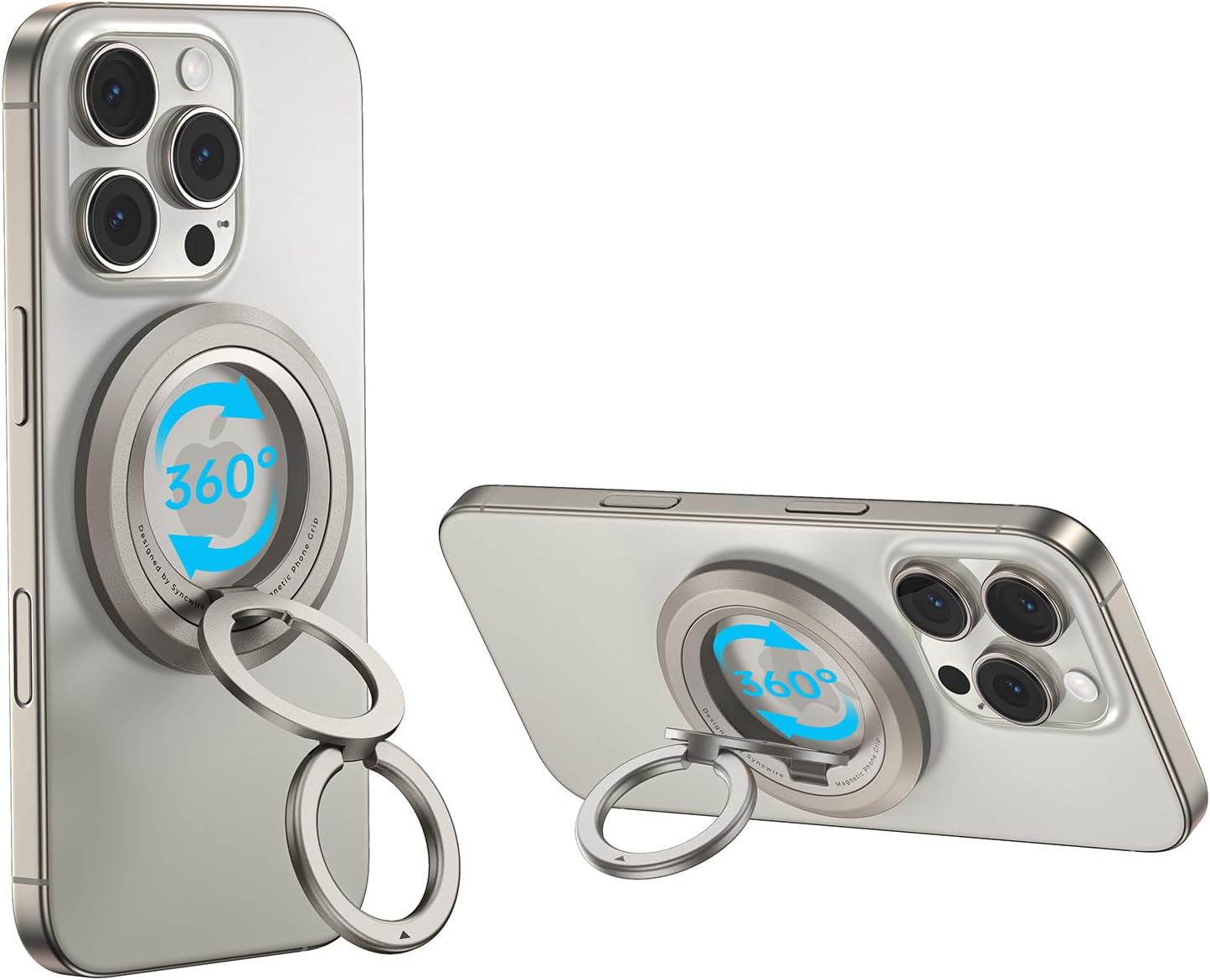 SYNCWIRE Phone Ring Holder Grip for MagSafe, 360° Rotation Magnetic Cell Phone Grip Stand Two-Sided Magnetic Compatible with iPhone 16 15 14 13 12 Pro Max fits MagSafe Accessories - Titanium