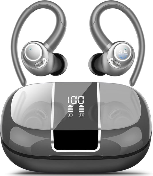 Wireless Earbuds Bluetooth 5.3 Headphones Sports, 48Hrs Playtime Bluetooth Earbuds with CVC 8.0 Mic, Stereo Bass Over Ear Bud with Earhooks, LED Display, IP7 Waterproof Earphon for Running Gray