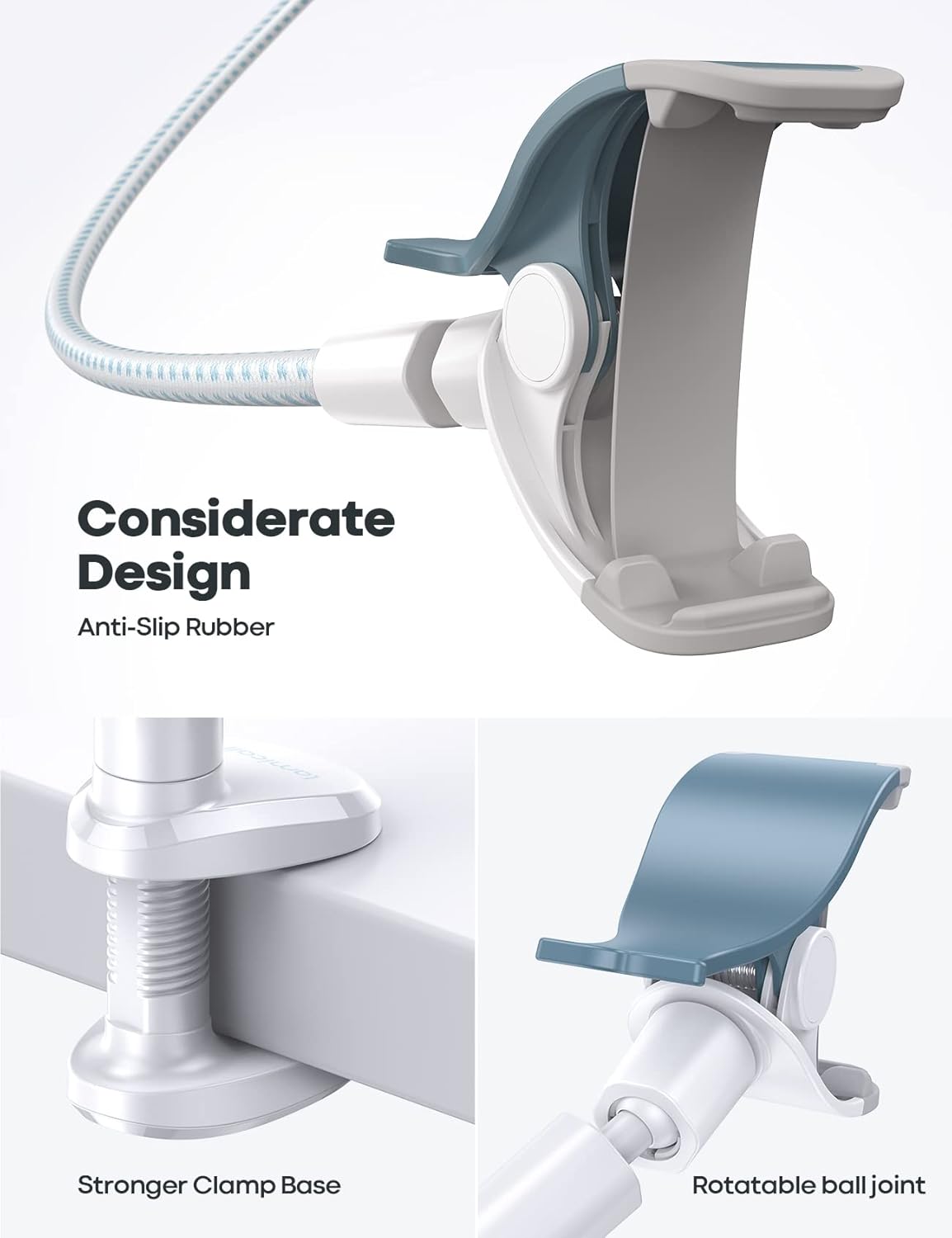 Lamicall Gooseneck Phone Holder Bed - [Nylon Braided] Flexible Arm, Overall Length 38inch, 360 Adjustable Clamp Clip, Overhead Cell Phone Mount Stand for Bed, Blue White