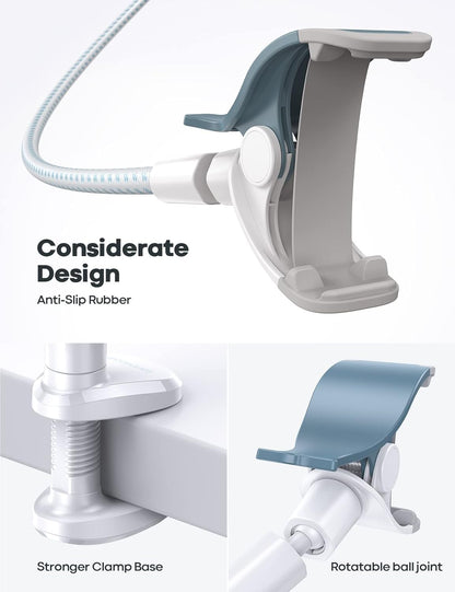 Lamicall Gooseneck Phone Holder Bed - [Nylon Braided] Flexible Arm, Overall Length 38inch, 360 Adjustable Clamp Clip, Overhead Cell Phone Mount Stand for Bed, Blue White