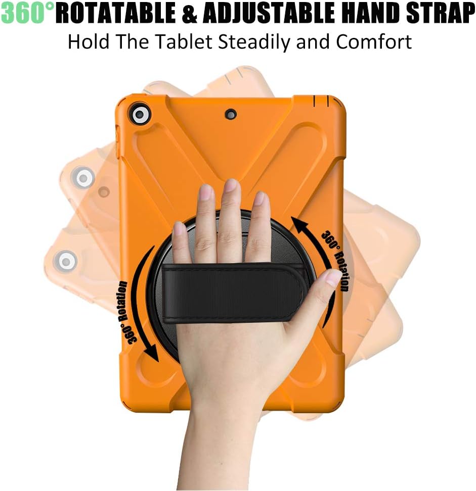ZenRich Shockproof Case for iPad 9th/8th/7th Generation 10.2 inch 2021/2020/2019, Heavy Duty Rugged Case with Pencil Holder/360° Rotating Kickstand/Handle/Carrying Strap, Orange