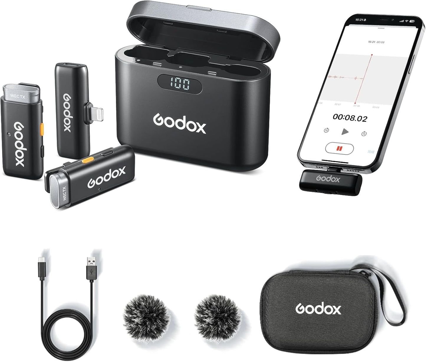 GODOX Wireless Lavalier Microphone with Noise Cancellation,200m/656ft,for iPhone 14/13/12/11 Camera YouTube TikTok,(2 TX + 1 RX + Charging Case)WES1-Kit2 Wireless Laval Mic with Battery Level Display