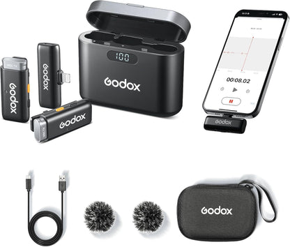 GODOX Wireless Lavalier Microphone with Noise Cancellation,200m/656ft,for iPhone 14/13/12/11 Camera YouTube TikTok,(2 TX + 1 RX + Charging Case)WES1-Kit2 Wireless Laval Mic with Battery Level Display