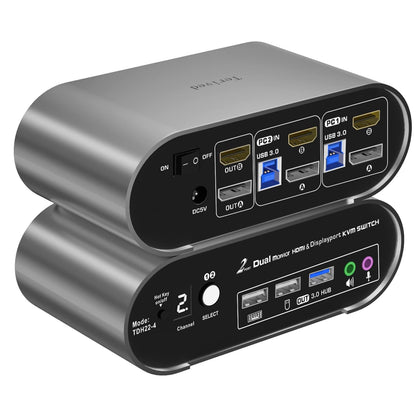 2 Computers 2 Monitors (HDMI + DP) Automatic KVM Switch, 4K@144Hz, 2K@240Hz, Hotkey Switching, Audio and Microphone Output, Aluminum Shell Digital Display, HDR10 with Cables