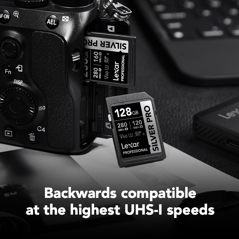 Lexar 128GB Professional SILVER PRO SD Card, UHS-II, C10, U3, V60, Full HD, 4K, Up To 280MB/s Read SDXC Memory Card, for Professional Photographer, Videographer, Enthusiast (LSDSIPR128G-BNNNU)