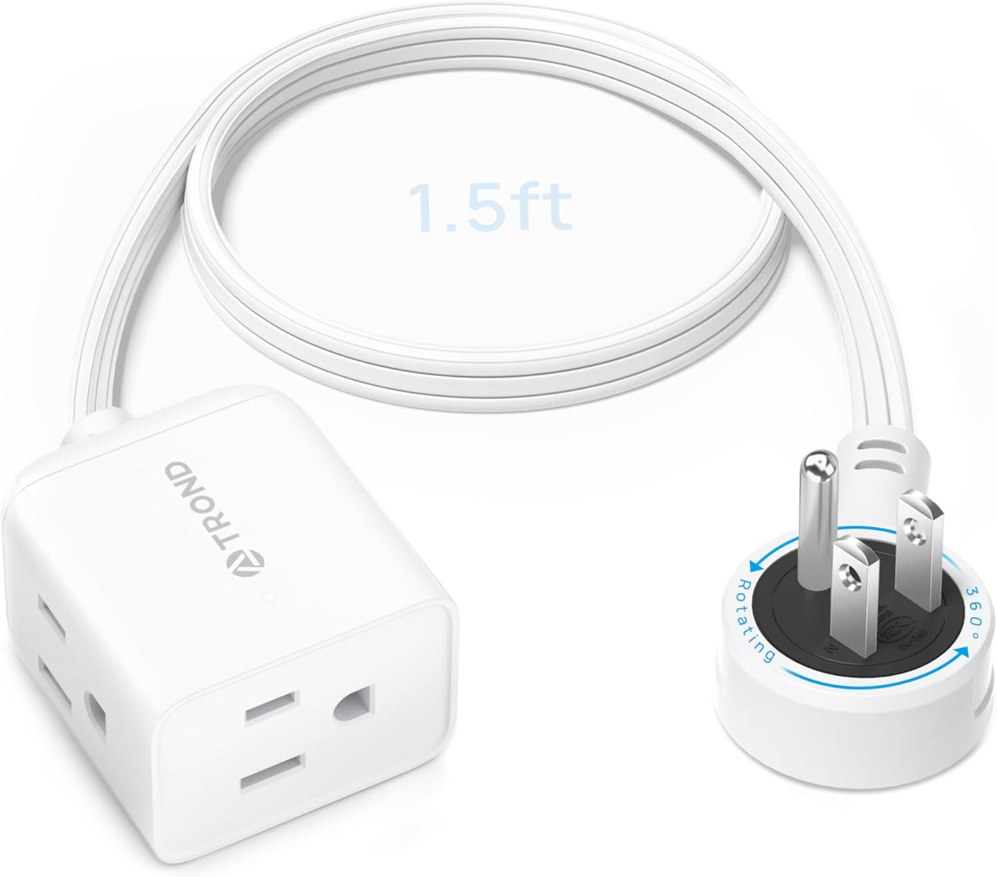 TROND Short Extension Cord 1.5ft with 360° Rotating Flat Plug, Low Profile Small Power Strip, Three Prong 3 Way Grounded Outlets, 13A, SPT 16/3 AWG Cable for Indoor Home Office Cruise Travel, White