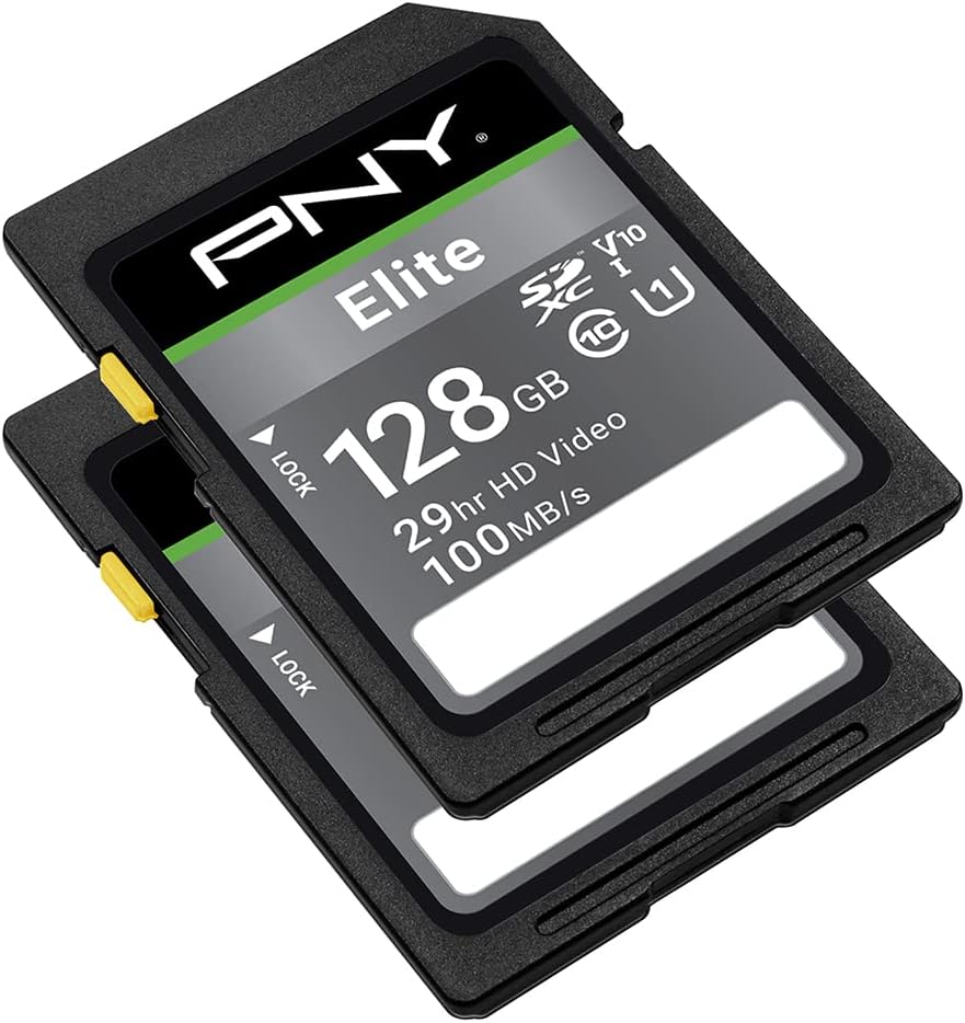 PNY 128GB Elite Class 10 U1 V10 SDXC Flash Memory Card - 100MB/s Read, Class 10, U1, V10, Full HD, UHS-I, Full Size SD (Pack of 2)