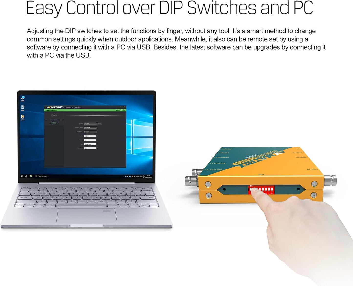 AVMATRIX SDI/HDMI Up/Down/Cross Converter, DlP Switches, SD/HD/3G-SDI Scaling Frame Rate Conversion Scaler, 3.5mm Jack Audio Embedding, Auto Signal Detection SC2030