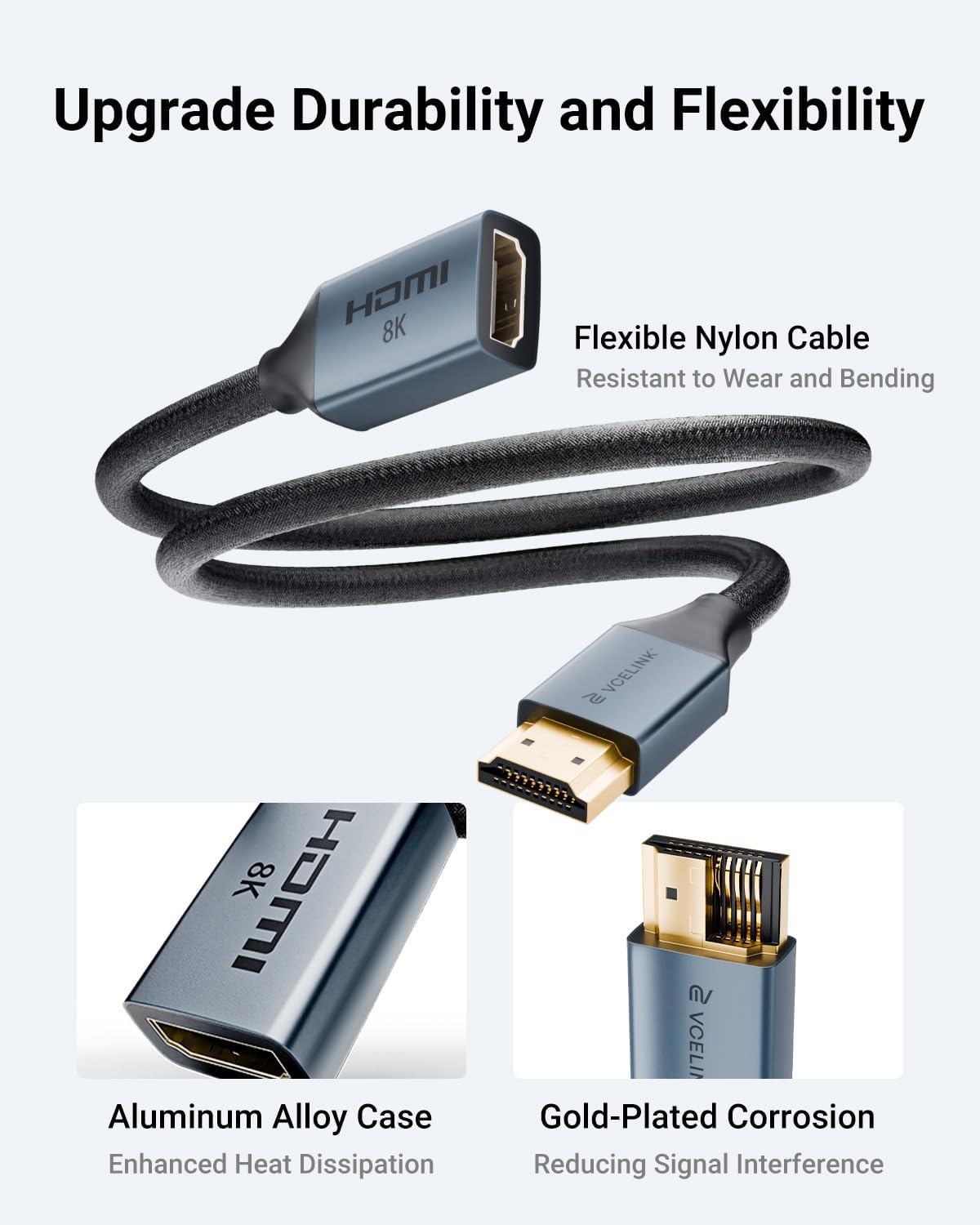 VCELINK 8K Short HDMI Extender Cable 0.6 FT Ideal for Tight Spaces, HDMI Extension Male to Female Adapter, Compatible with Roku TV Stick, HDTV, Game Console, Laptop (1 Pack, 2 FT)