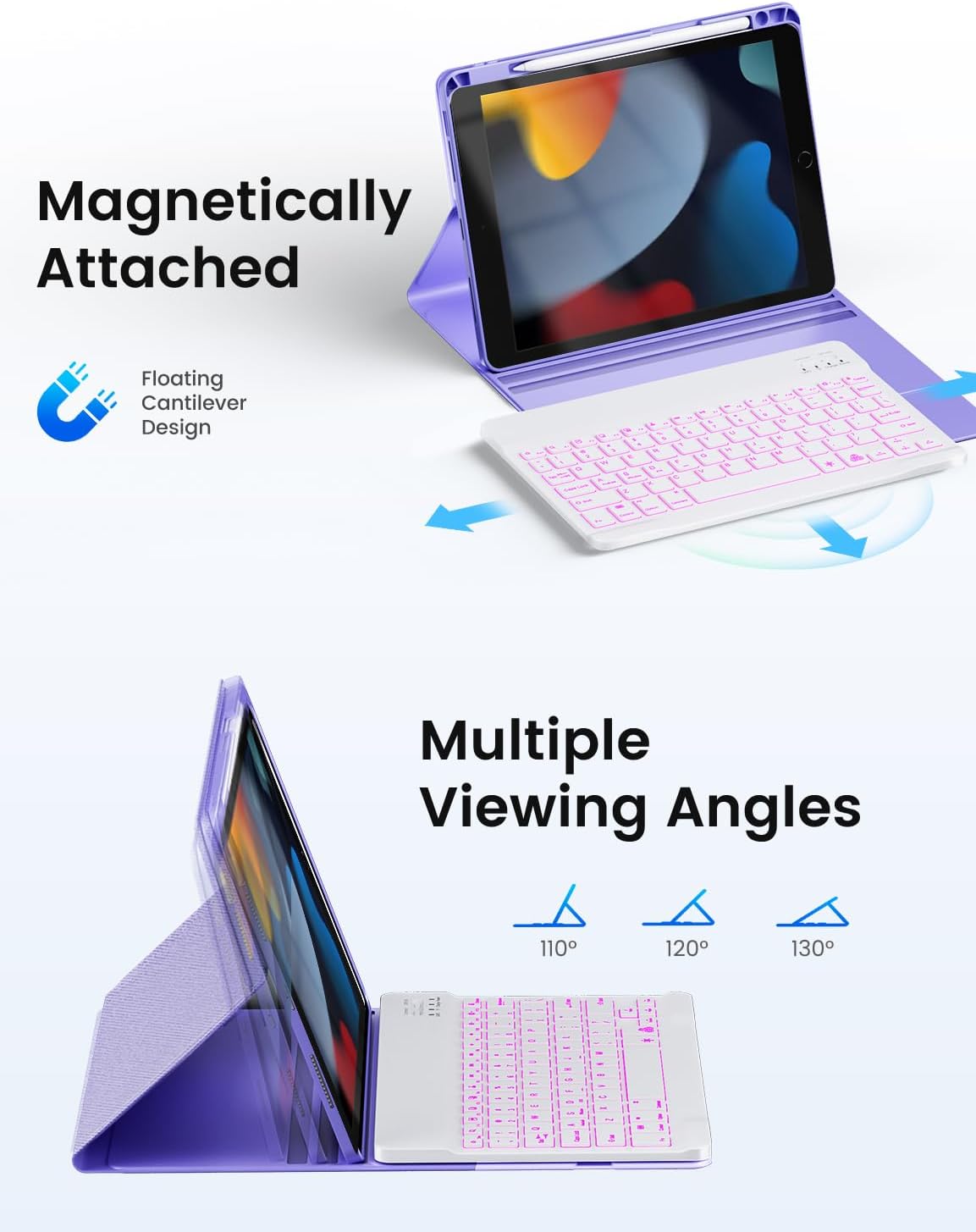 OYEEICE for iPad 9th Generation Case with Keyboard 10.2'' - 7 Color Backlit Wireless Keyboard Cover with Pencil Holder for iPad 9th/8th/7th Gen 10.2 inch, iPad Air 3rd Gen & iPad Pro 10.5" - Purple