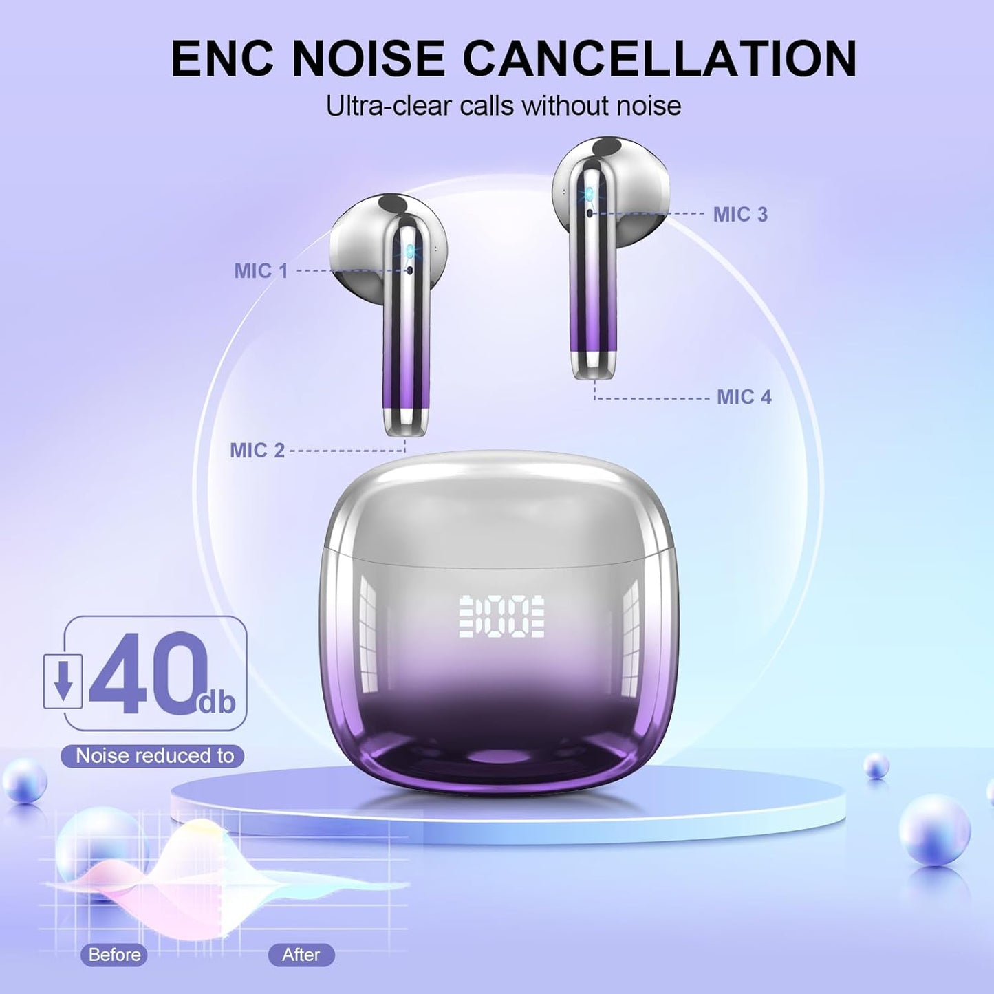 Wireless Earbuds, Bluetooth Headphones 48H Playtime Ear Buds with LED Power Display, IPX7 Waterproof Bluetooth 5.4 Earphones in-Ear Earbuds with 4 Mic for Android iOS Cell Phone Laptop, Purple
