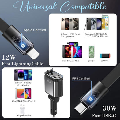 Fast Car Charger 4 in 1 Retractable Car Charger 69W with Starry Light,USB-C Fast Car Accessories,Compatible with All iPhones All Android Phones (GreyLightning+USB-C & PurpleLight)