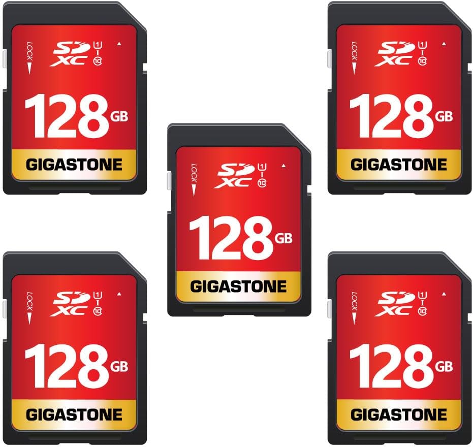 GIGASTONE 128GB SD Card 5-Pack UHS-I U1 Class 10 SDXC Memory Card Full HD Video for Canon Digital Camera, Full-Sized SD Card, with 5 mini case