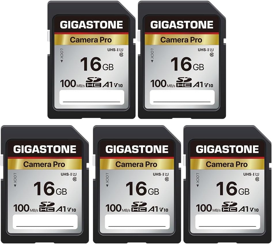 [5-Yrs Free Data Recovery] GIGASTONE 16GB 5-Pack SD Card, Camera Pro, A1 V10 SDHC Memory Card Compatible with SPYPOINT TACTACAM Trail Camera, with 5 Mini Cases