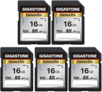 [5-Yrs Free Data Recovery] GIGASTONE 16GB 5-Pack SD Card, Camera Pro, A1 V10 SDHC Memory Card Compatible with SPYPOINT TACTACAM Trail Camera, with 5 Mini Cases